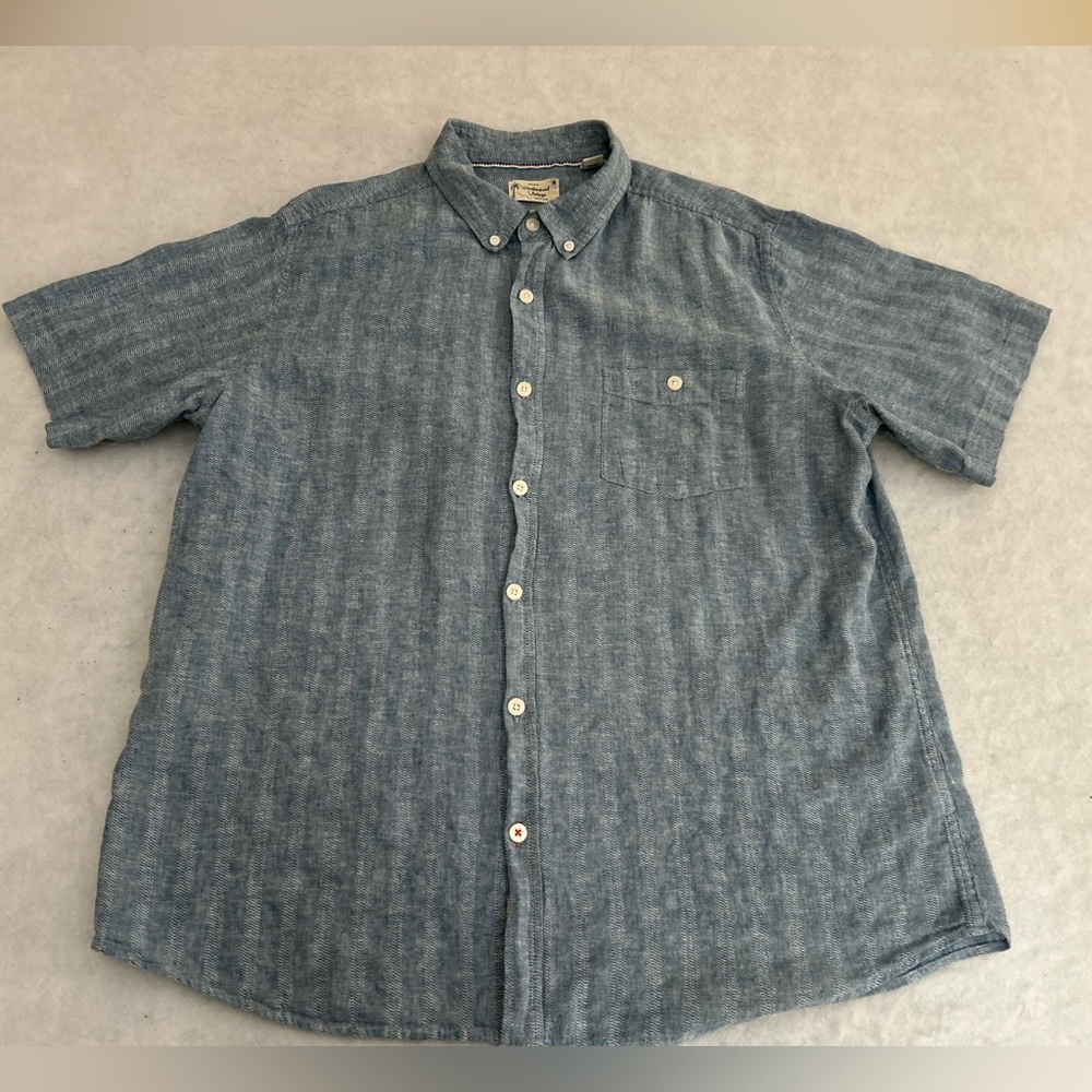 Weatherproof Vintage Shirt Mens XL Blue White Striped Button Linen Washable